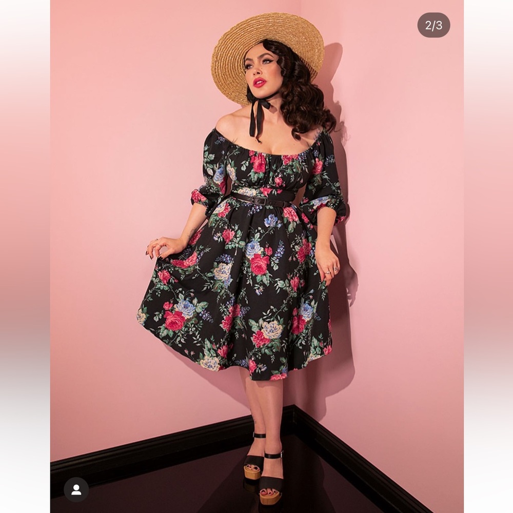 Vacation Dress in Black Rose Print - Vixen by Micheline Pitt